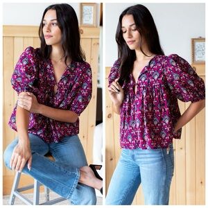 Emerson Fry Isla Organic Cotton Puff Sleeve Top Pink Indigo Hand Block Print XS